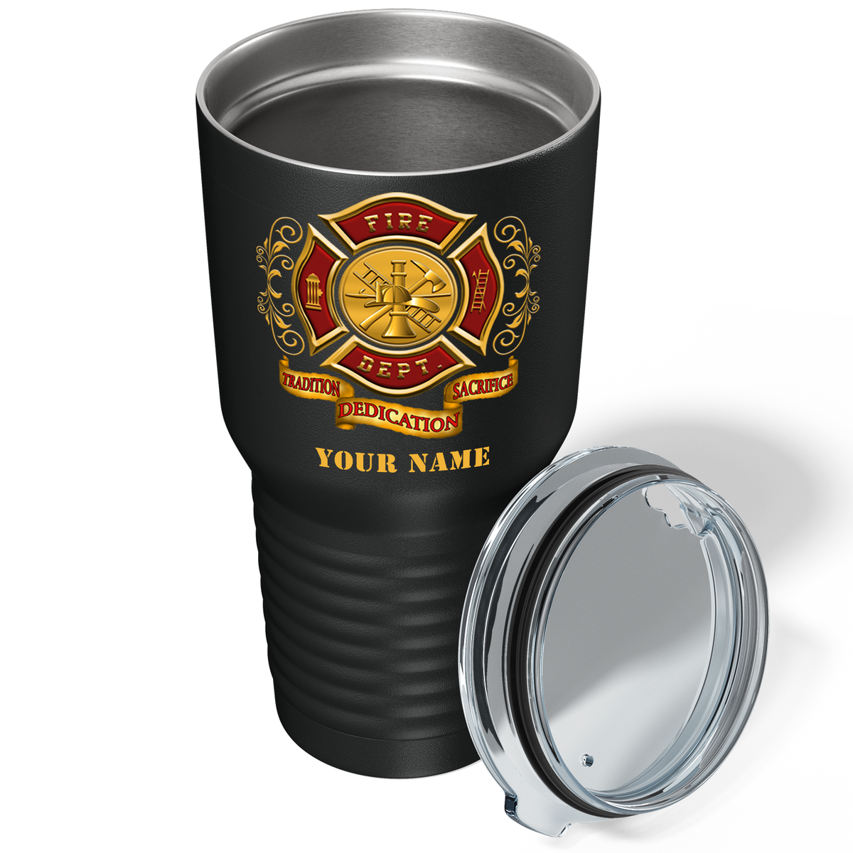 Personalized Black Red Fire Department Badge on Black 30oz Firefighter Tumbler