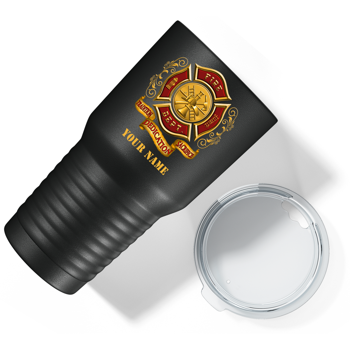 Personalized Black Red Fire Department Badge on Black 30oz Firefighter Tumbler
