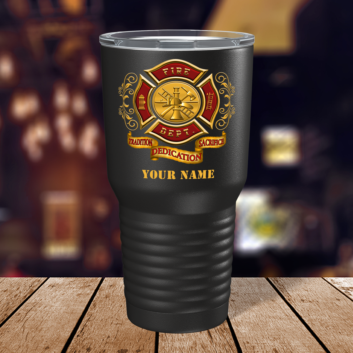 Personalized Red Gold Fire Department Badge on Black 30oz Firefighter Tumbler