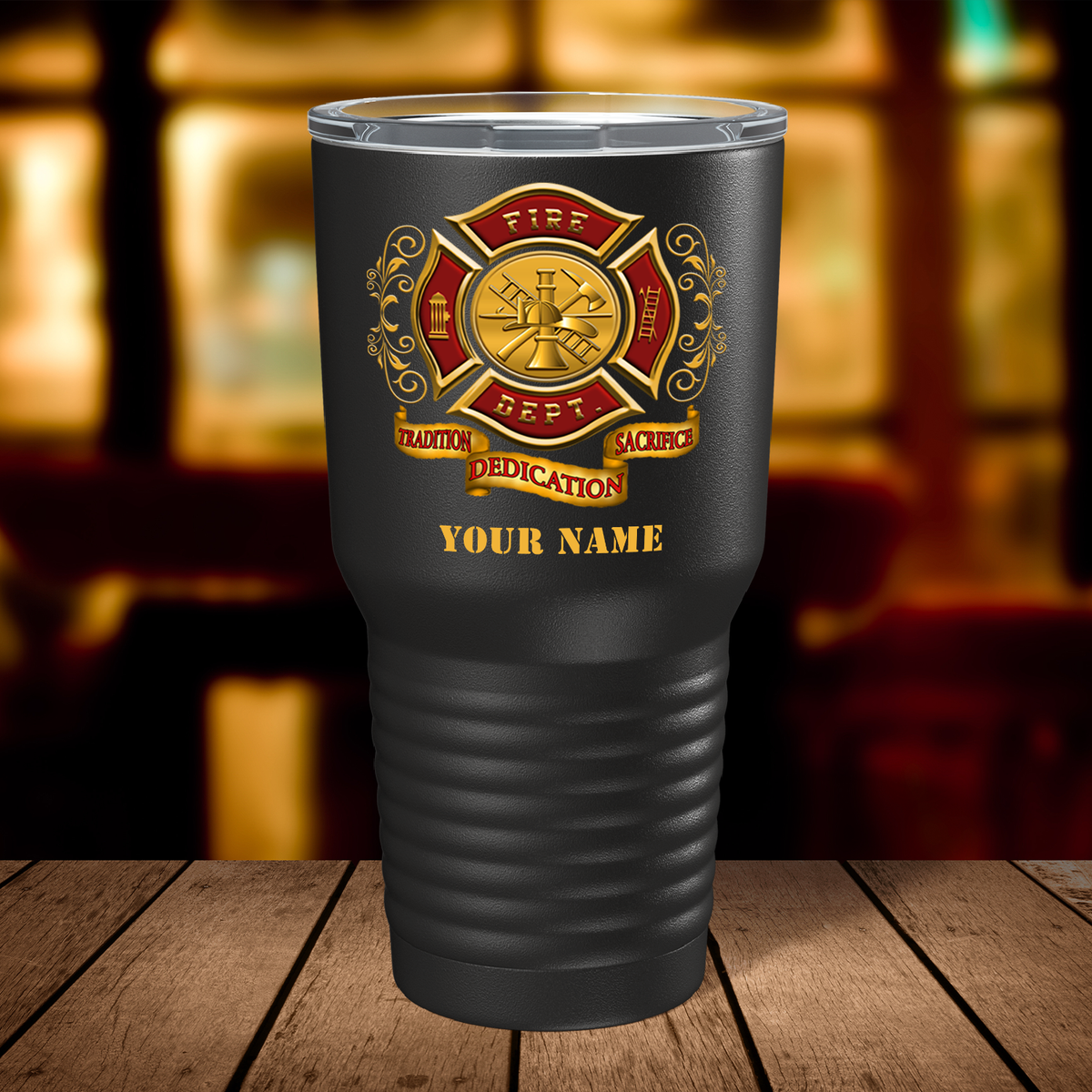 Personalized Black Red Fire Department Badge on Black 30oz Firefighter Tumbler