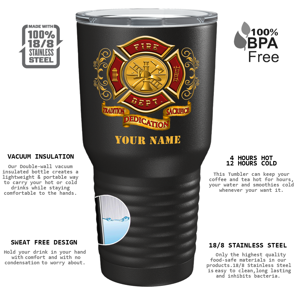 Personalized Red Gold Fire Department Badge on Black 30oz Firefighter Tumbler