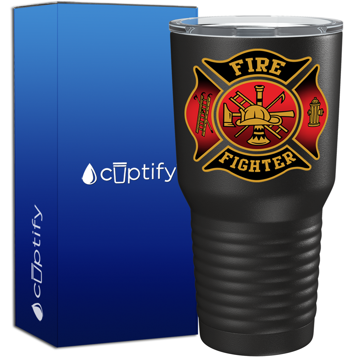 Black Red Fire Department Badge on Black 30oz Firefighter Tumbler