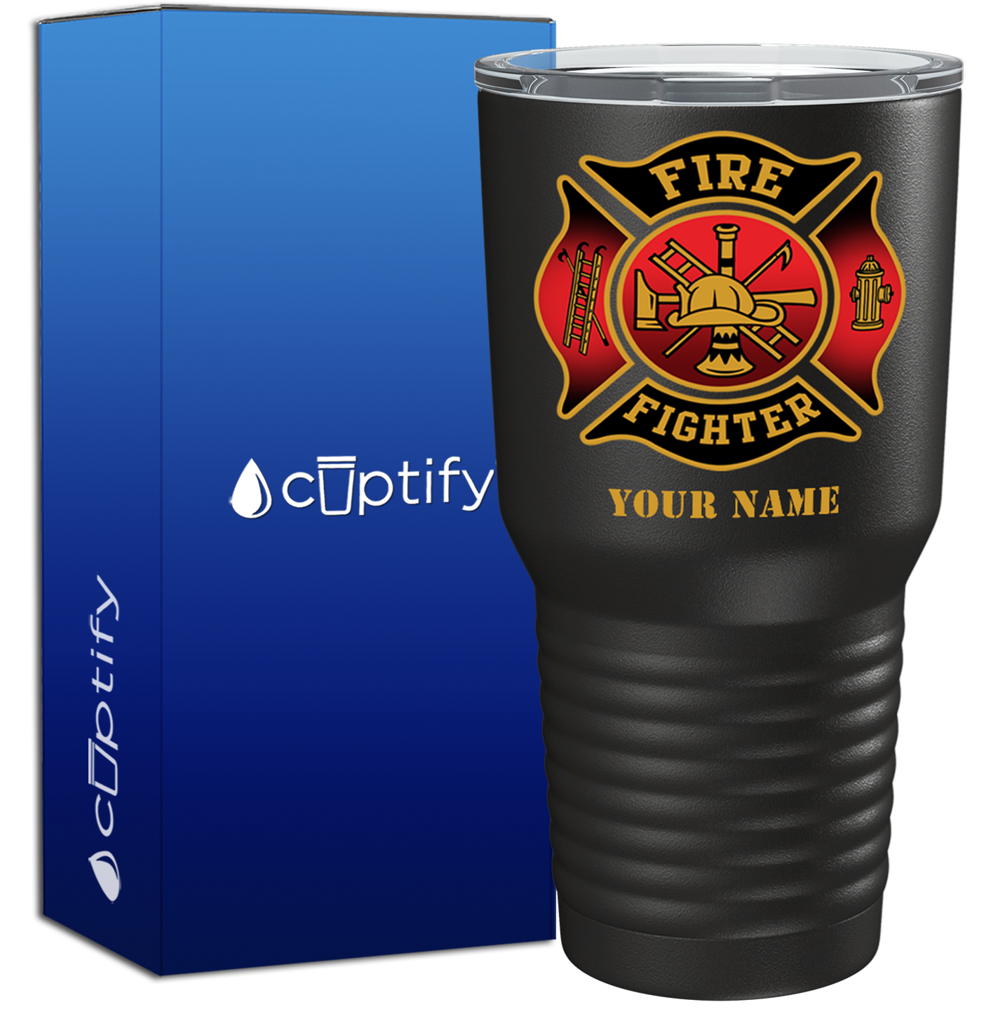 Personalized Black Red Fire Department Badge on Black 30oz Firefighter Tumbler