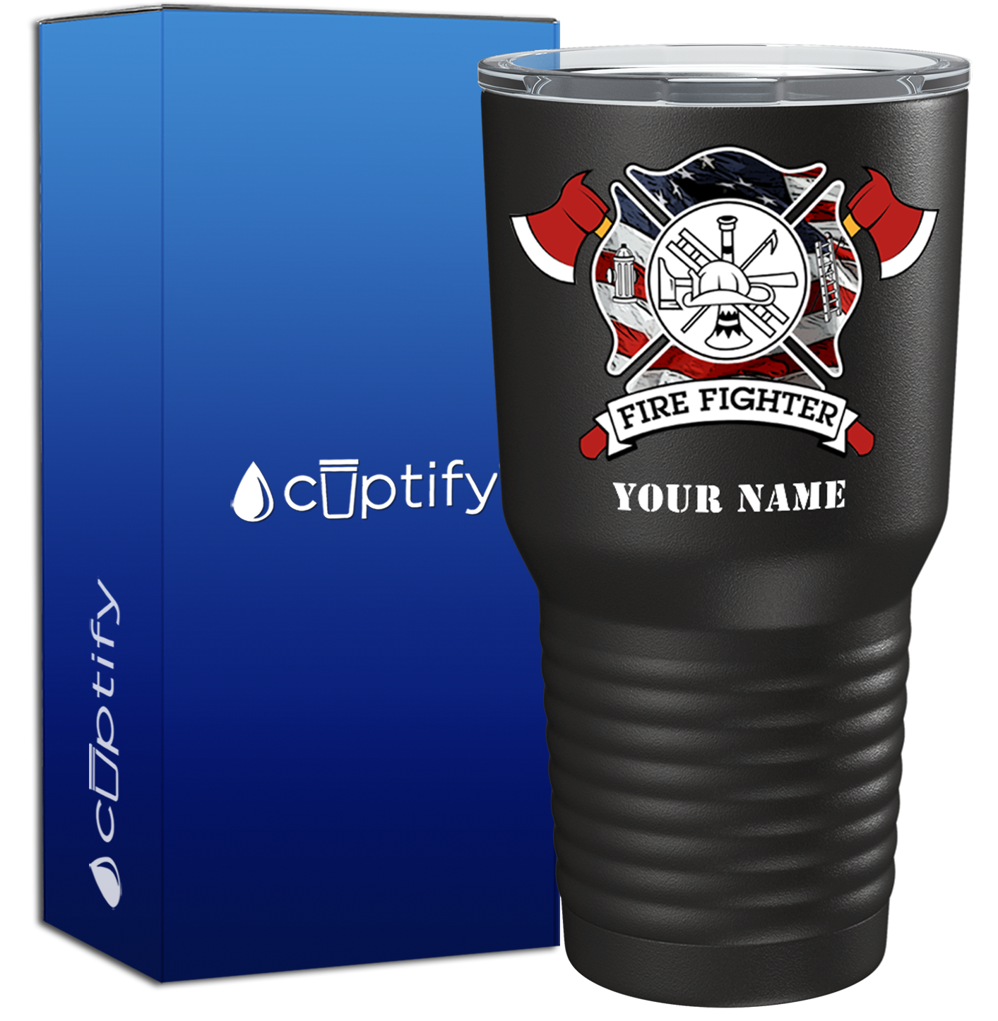 Personalized American Flag FireFighters on Black 30oz Firefighter Tumbler