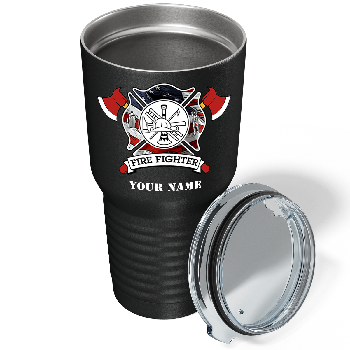 Personalized American Flag FireFighters on Black 30oz Firefighter Tumbler