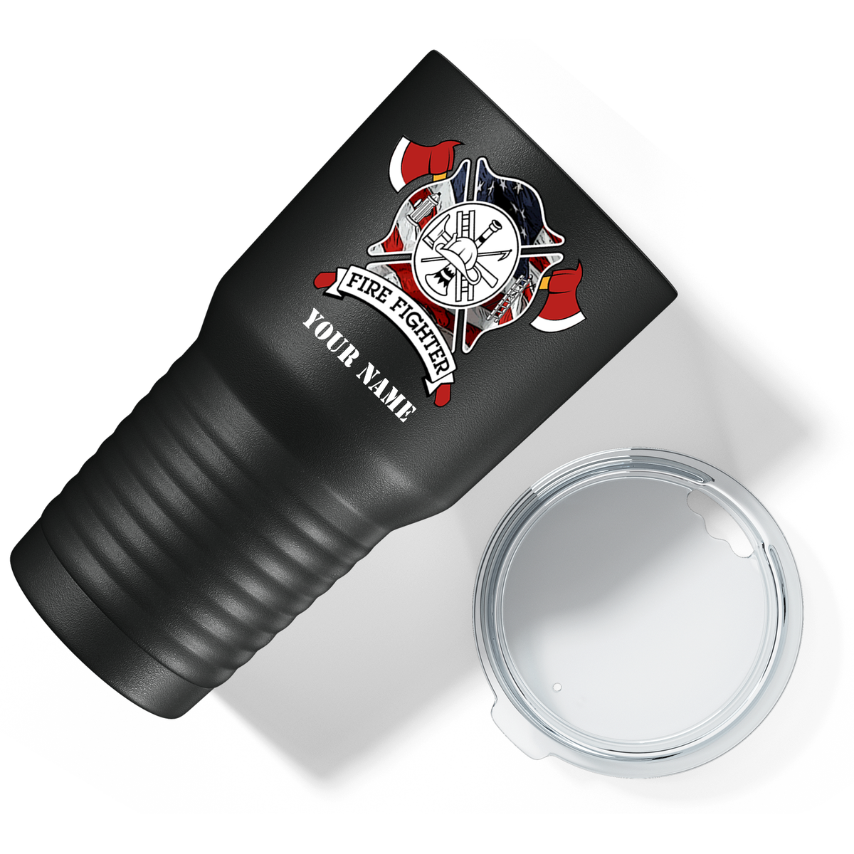 Personalized American Flag FireFighters on Black 30oz Firefighter Tumbler