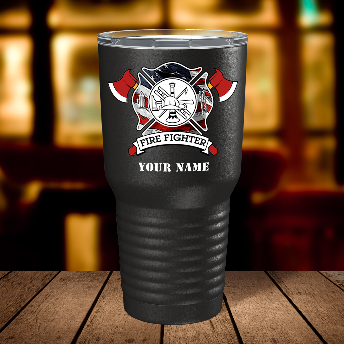 Personalized American Flag FireFighters on Black 30oz Firefighter Tumbler