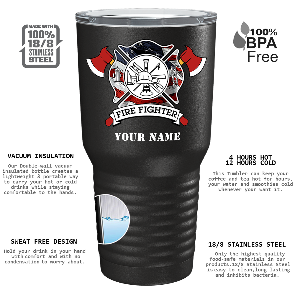 Personalized American Flag FireFighters on Black 30oz Firefighter Tumbler