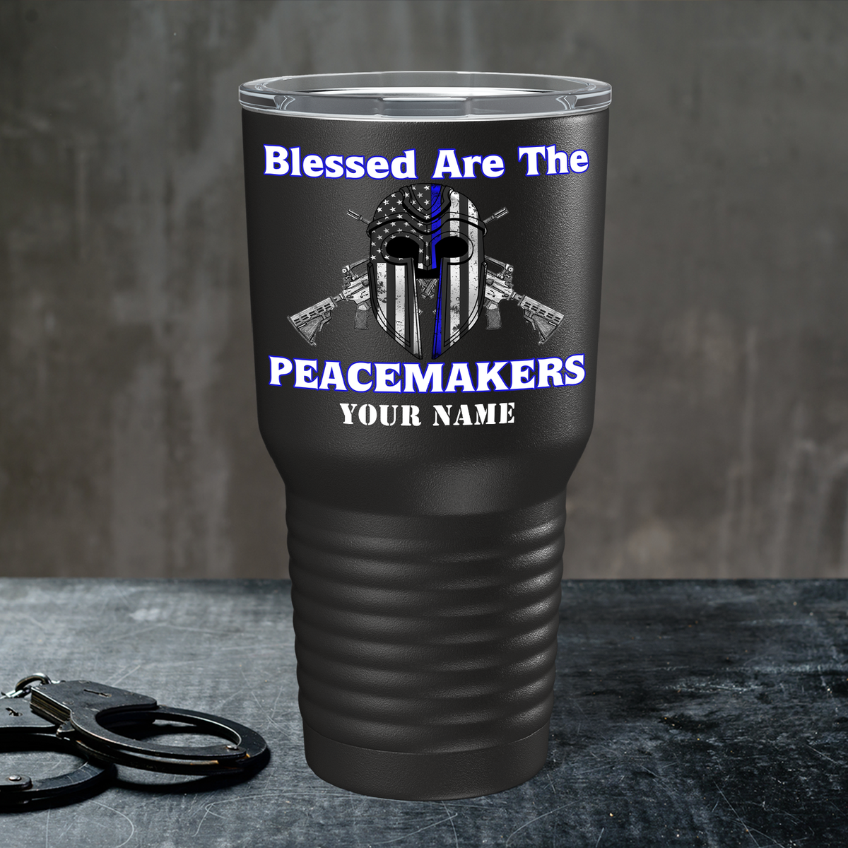 Personalized Blessed are the PeaceMakers Mask on Black 30oz Police Tumbler