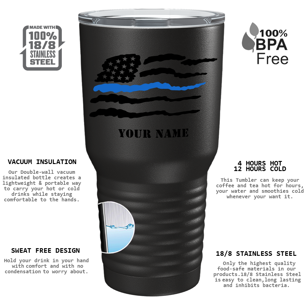 Personalized Thin Blue Flag Police on Black 30oz Police Tumbler