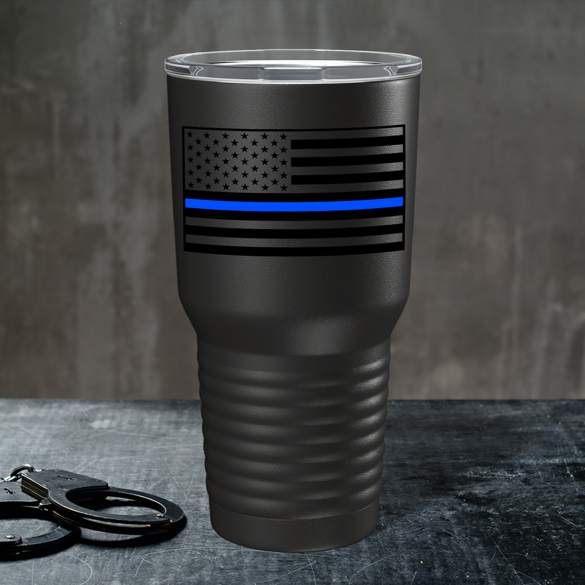 Thin Blue Line Flag on Black 30oz Police Tumbler