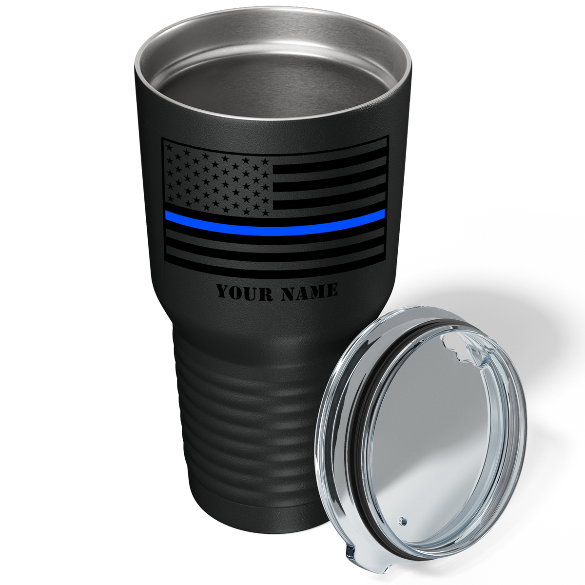 Personalized Thin Blue Line Flag on Black 30oz Police Tumbler