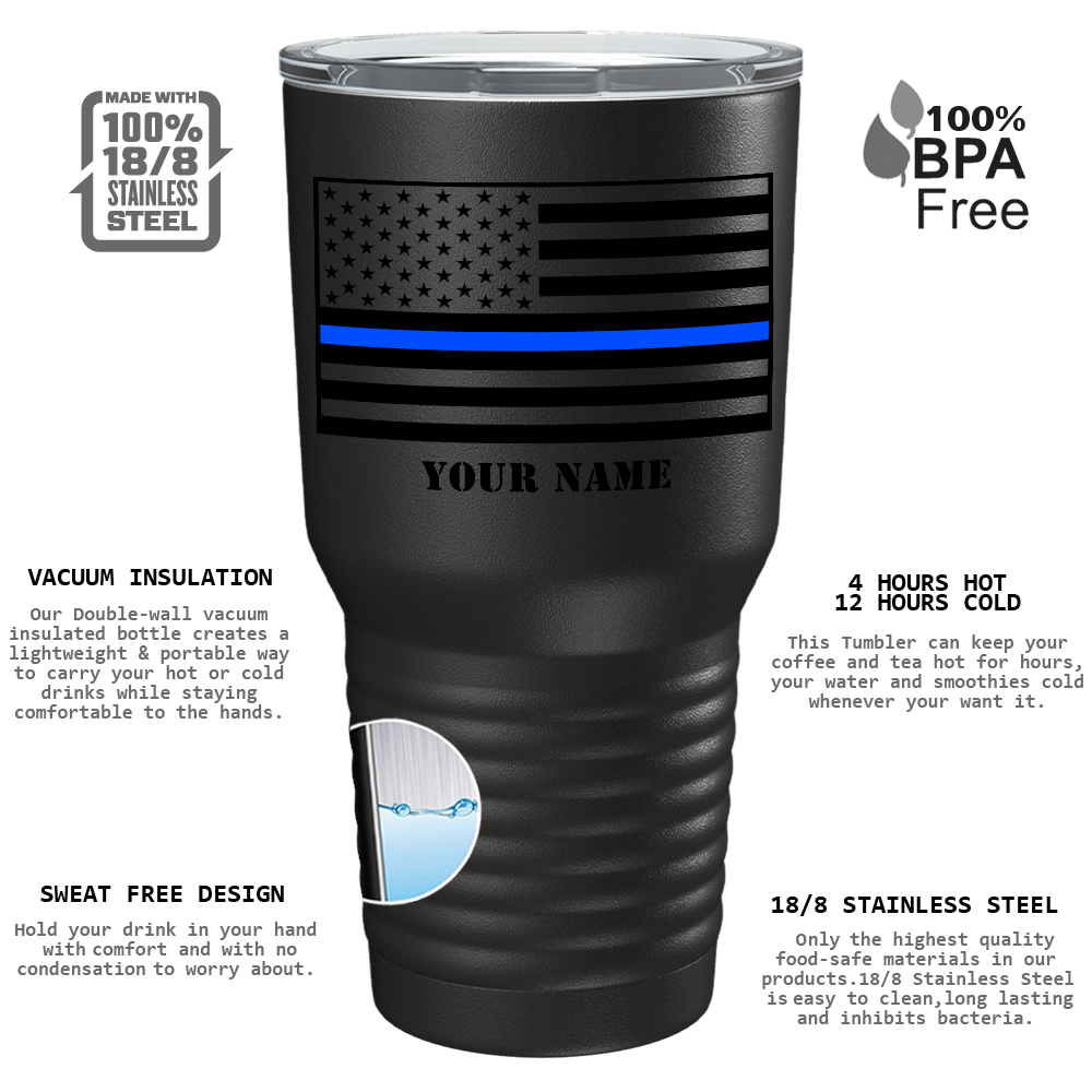 Personalized Thin Blue Line Flag on Black 30oz Police Tumbler