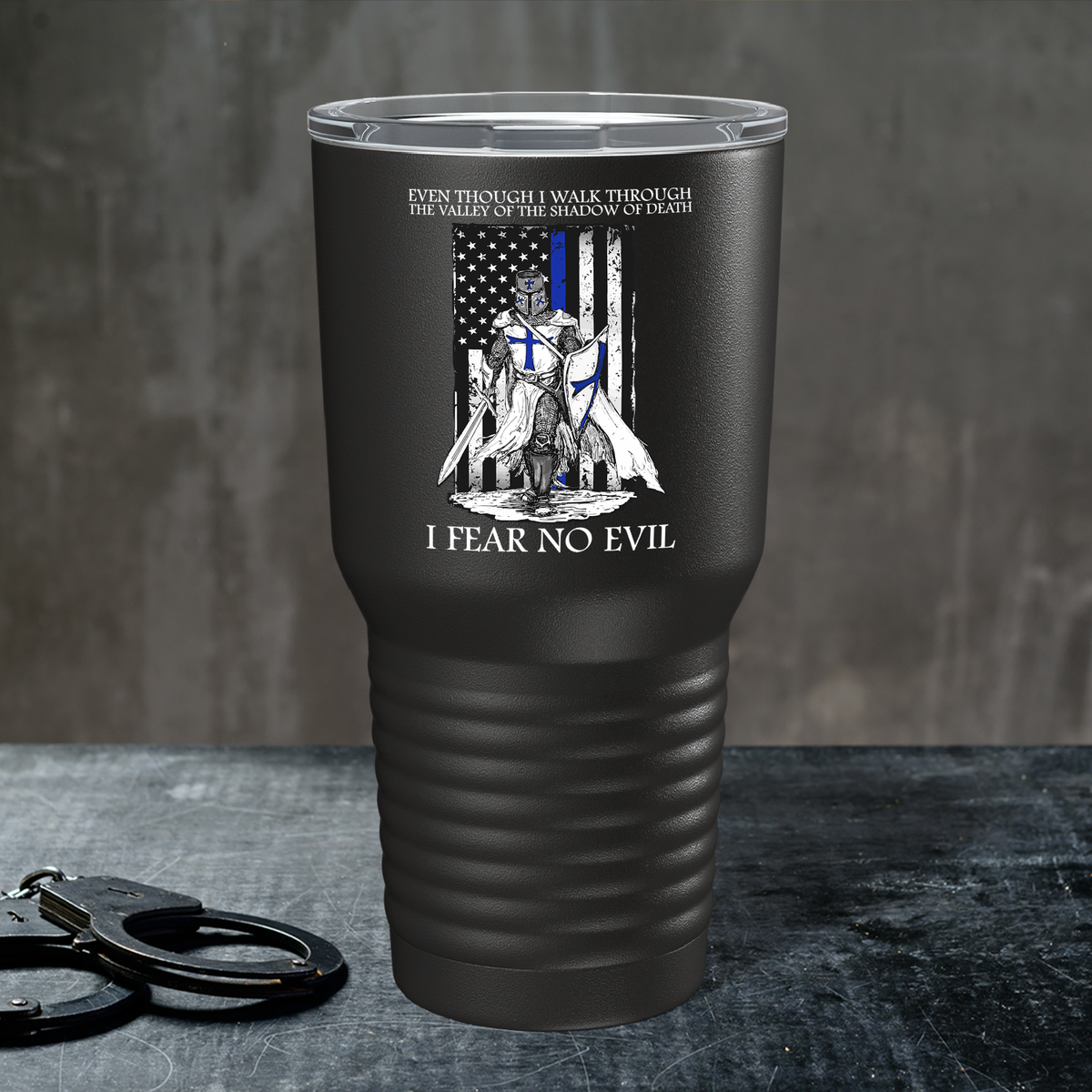 Thin Blue Line Police Knight on Black 30oz Police Tumbler