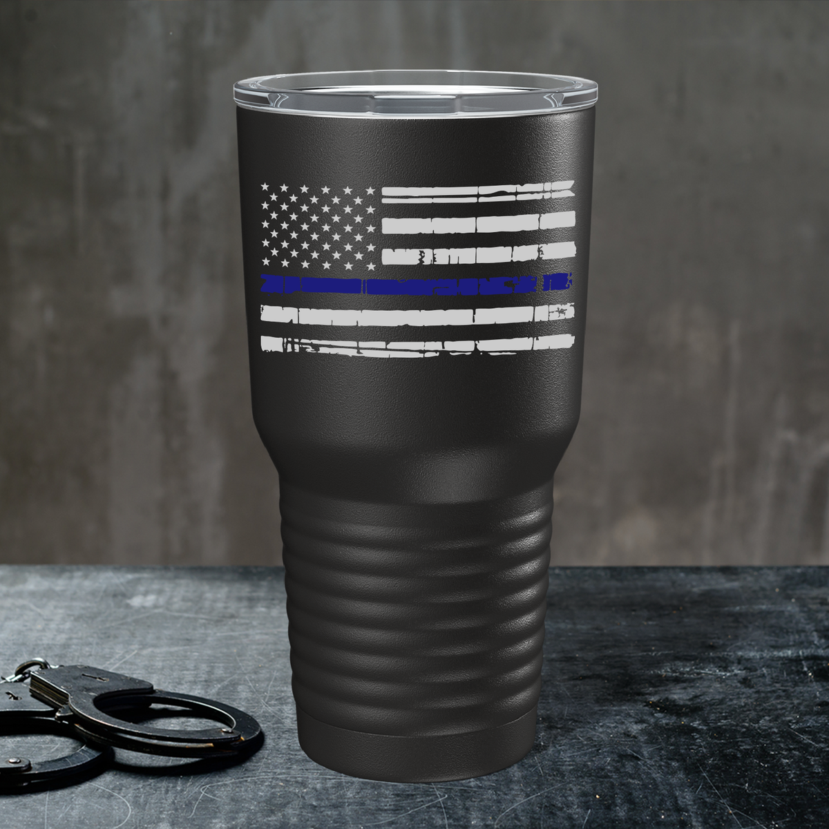 Distressed Thin Blue Line Police Flag on Black 30oz Police Tumbler