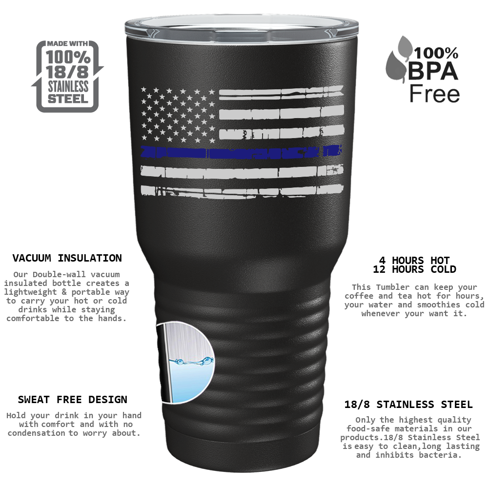 Distressed Thin Blue Line Police Flag on Black 30oz Police Tumbler