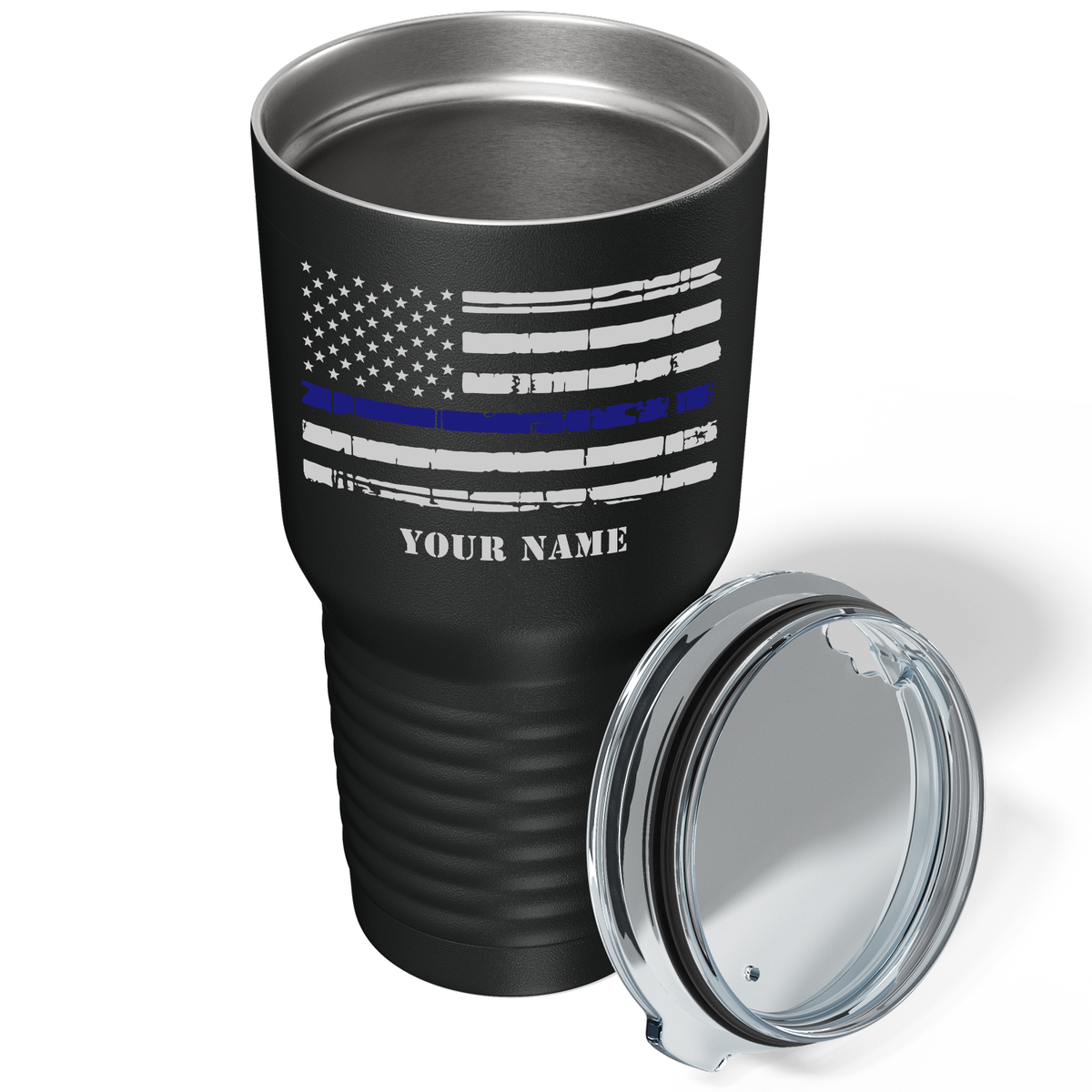 Personalized Distressed Thin Blue Line Police Flag on Black 30oz Police Tumbler