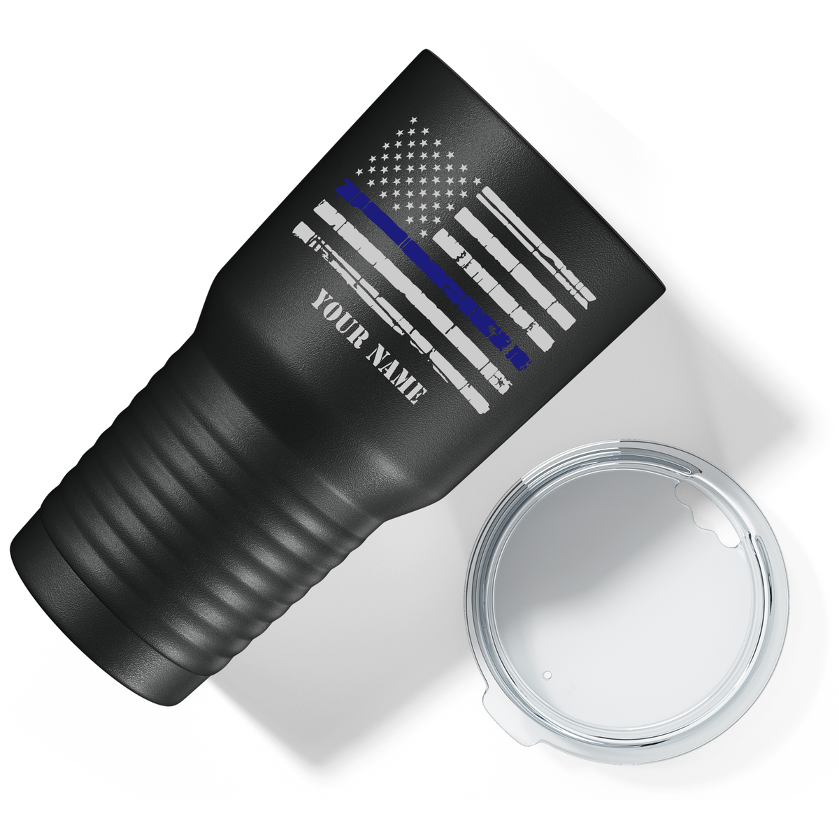 Personalized Distressed Thin Blue Line Police Flag on Black 30oz Police Tumbler