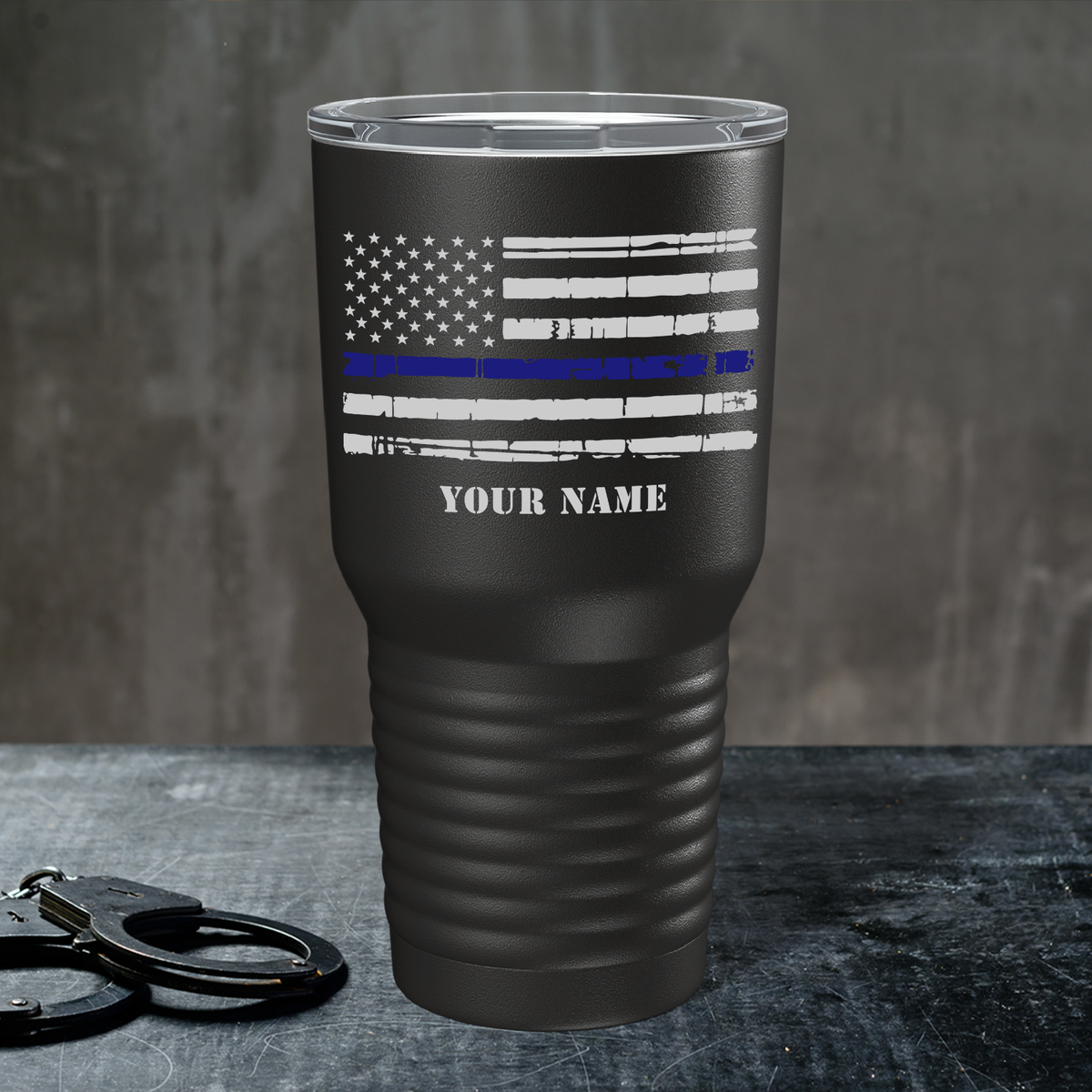 Personalized Distressed Thin Blue Line Police Flag on Black 30oz Police Tumbler