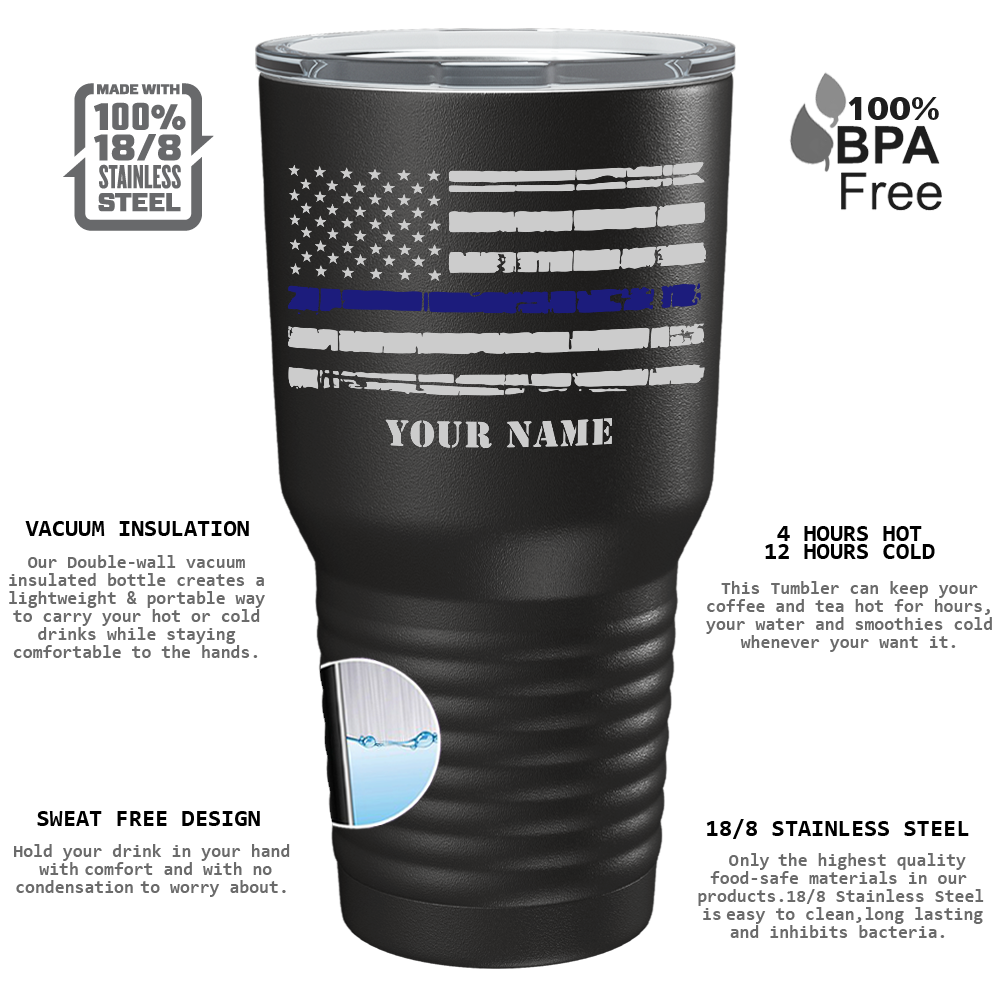 Personalized Distressed Thin Blue Line Police Flag on Black 30oz Police Tumbler
