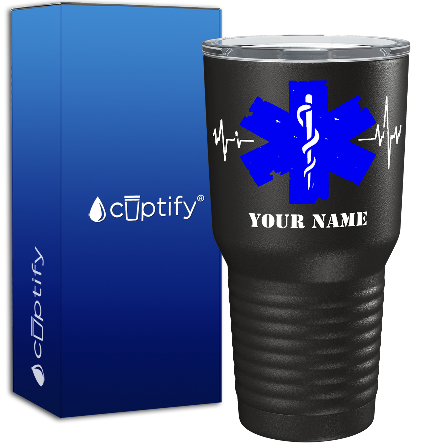 Personalized EMT Blue Cadeucus Pulse of Life on 30oz Black Paramedic Tumbler