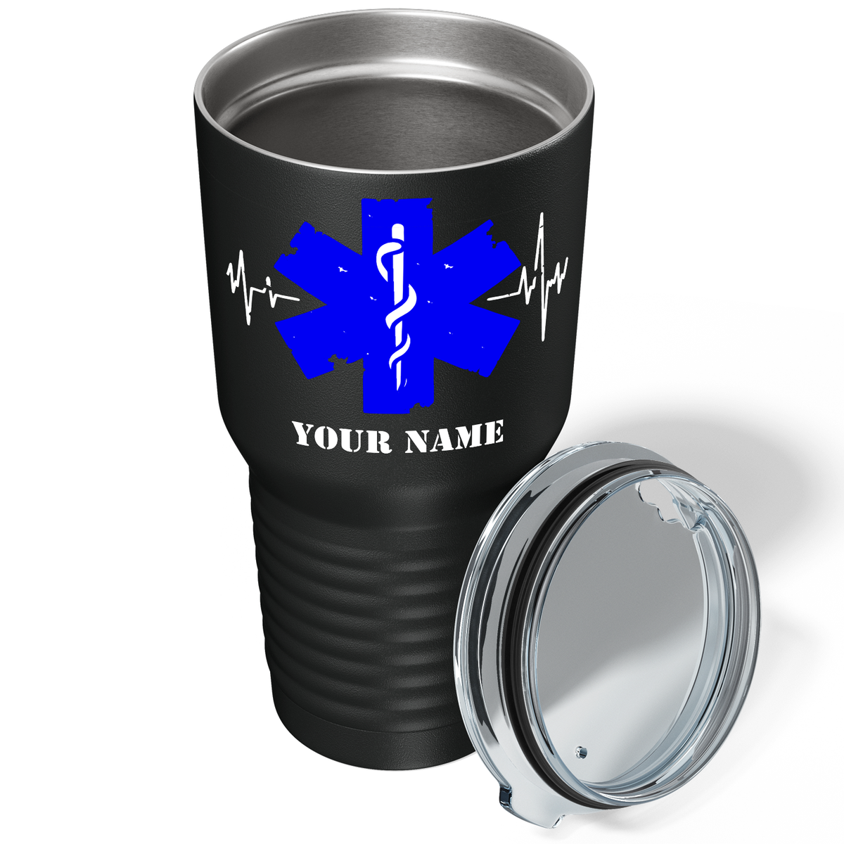 Personalized EMT Blue Cadeucus Pulse of Life on 30oz Black Paramedic Tumbler