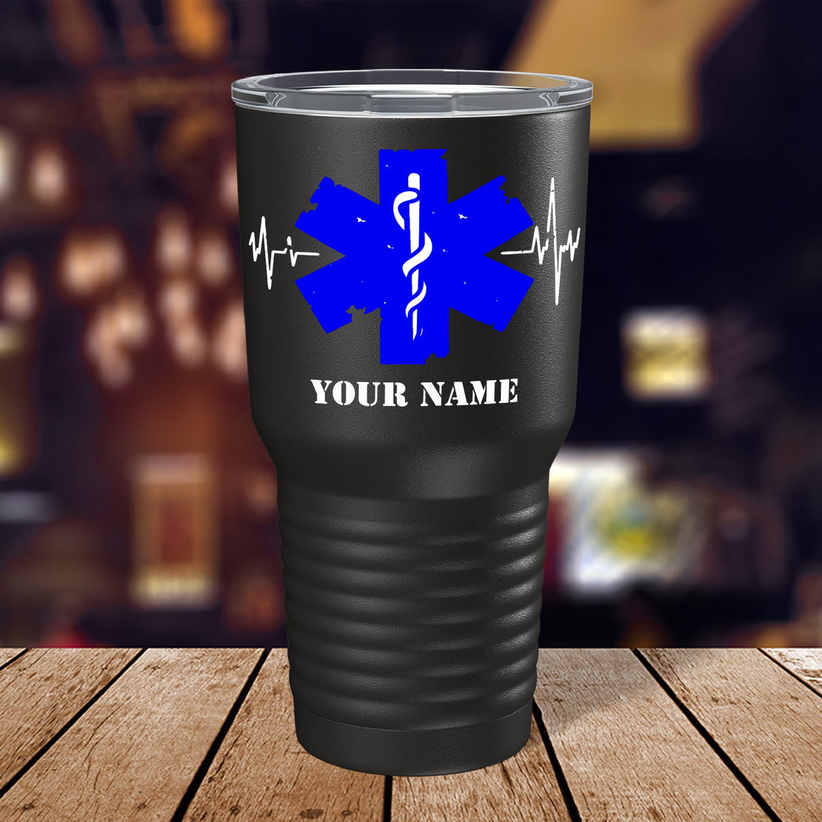 Personalized EMT Blue Cadeucus Pulse of Life on 30oz Black Paramedic Tumbler