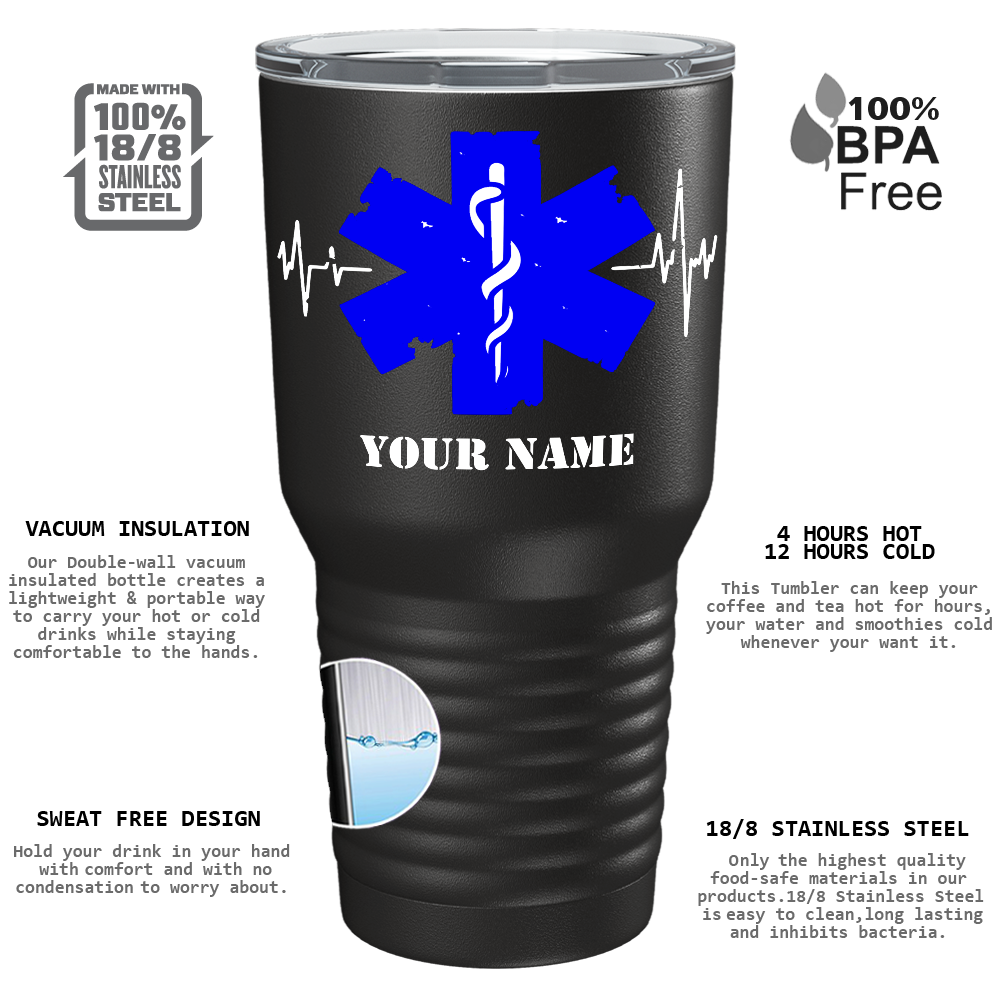 Personalized EMT Blue Cadeucus Pulse of Life on 30oz Black Paramedic Tumbler