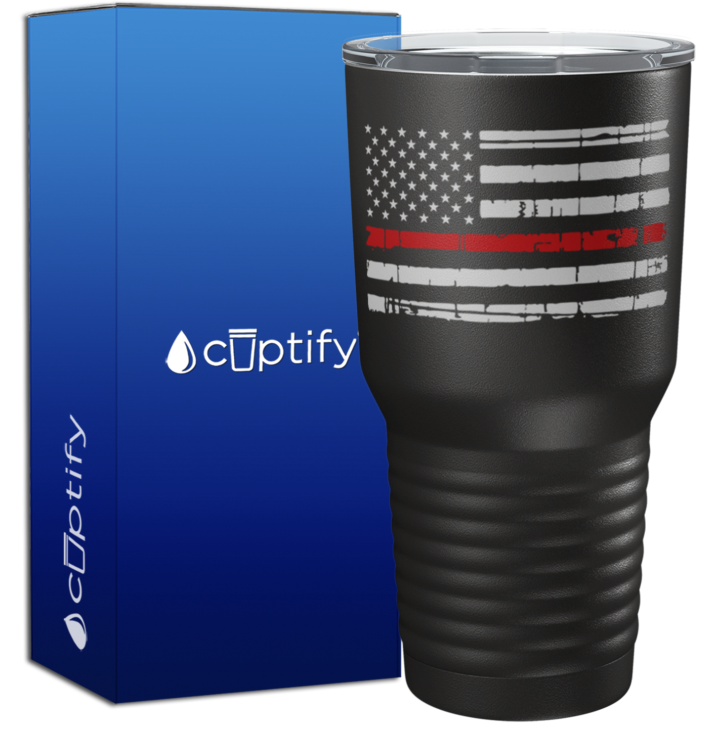 Distressed Thin Red Line Flag on Black 30oz Firefighter Tumbler