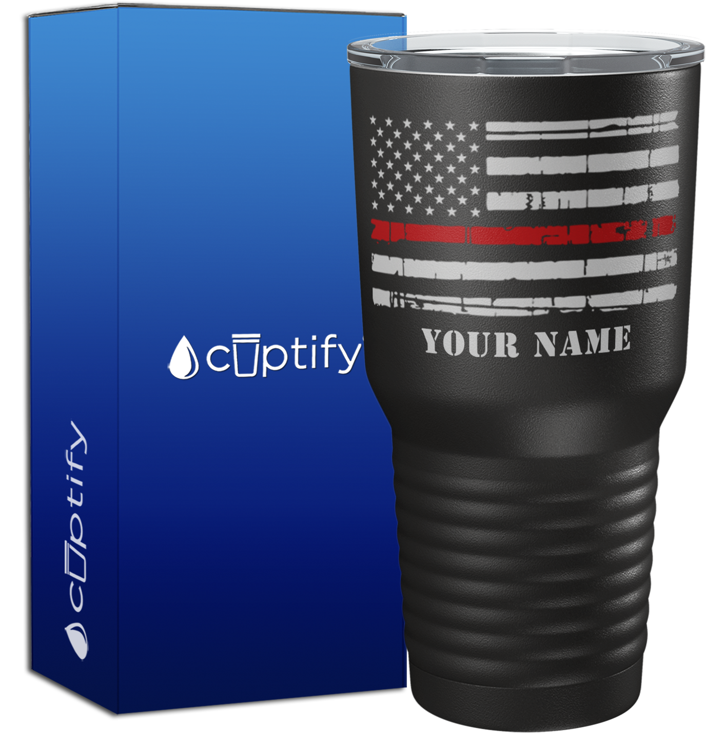 Personalized Distressed Thin Red Line Flag on Black 30oz Firefighter Tumbler