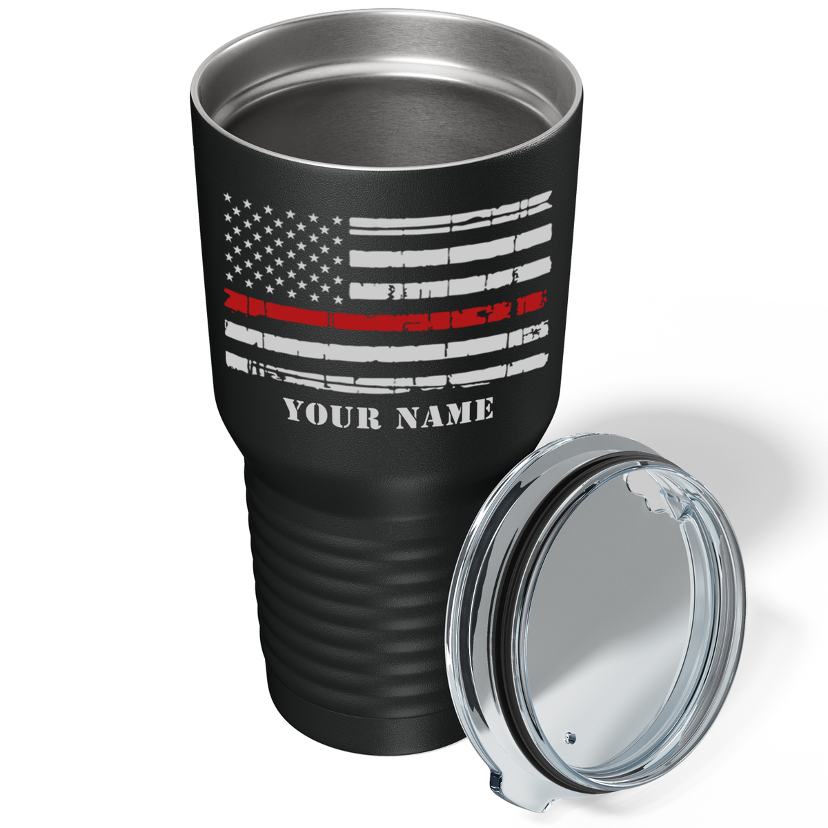 Personalized Distressed Thin Red Line Flag on Black 30oz Firefighter Tumbler