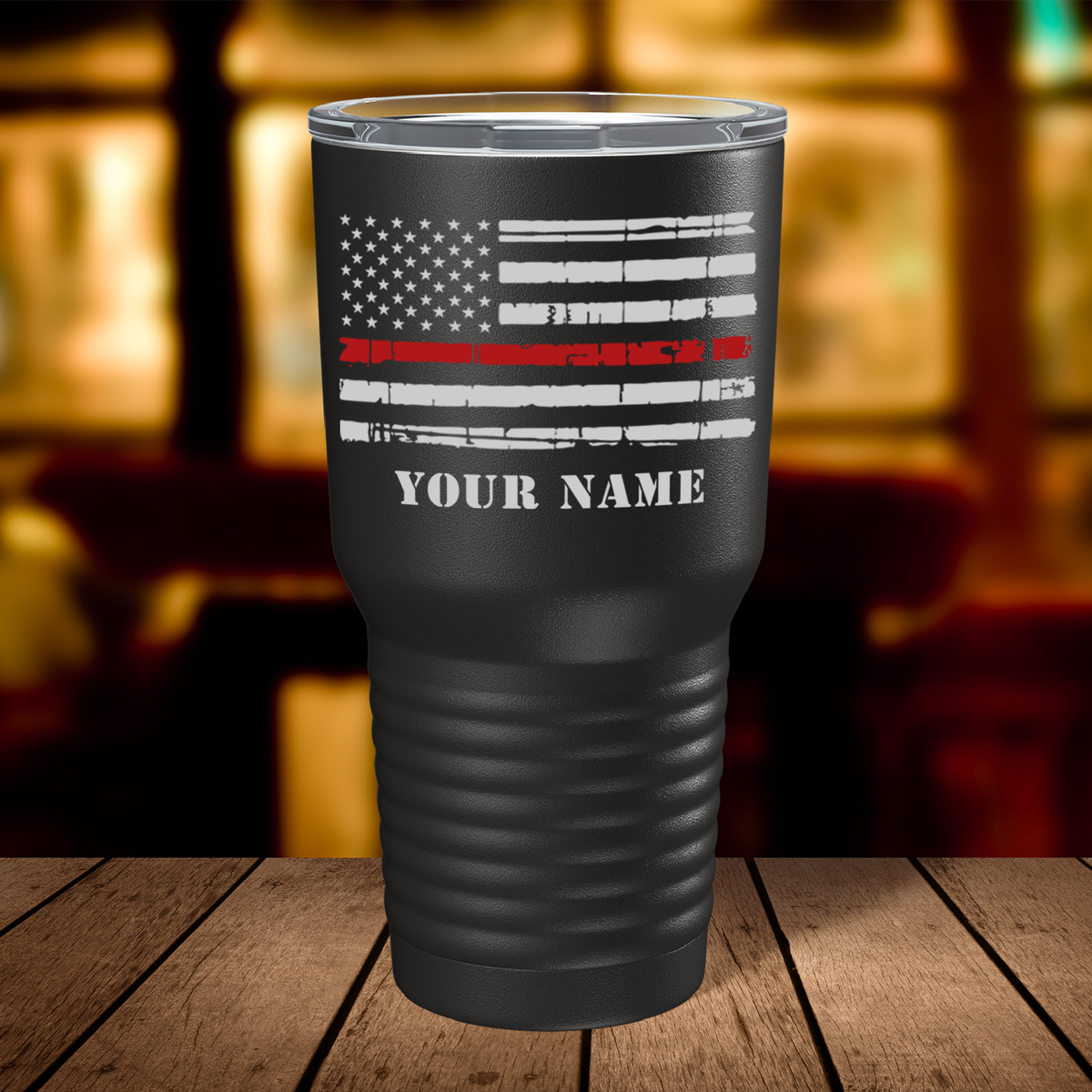 Personalized Distressed Thin Red Line Flag on Black 30oz Firefighter Tumbler
