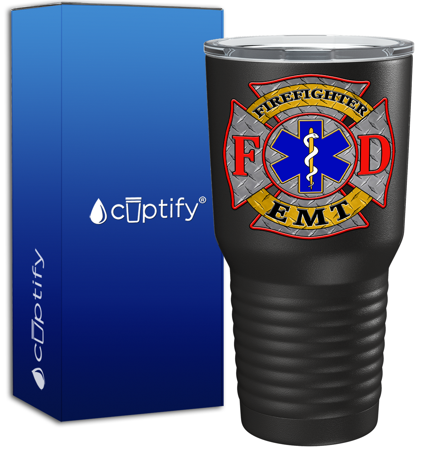 EMT Firefighter FD Badge on 30oz Black Paramedic Tumbler