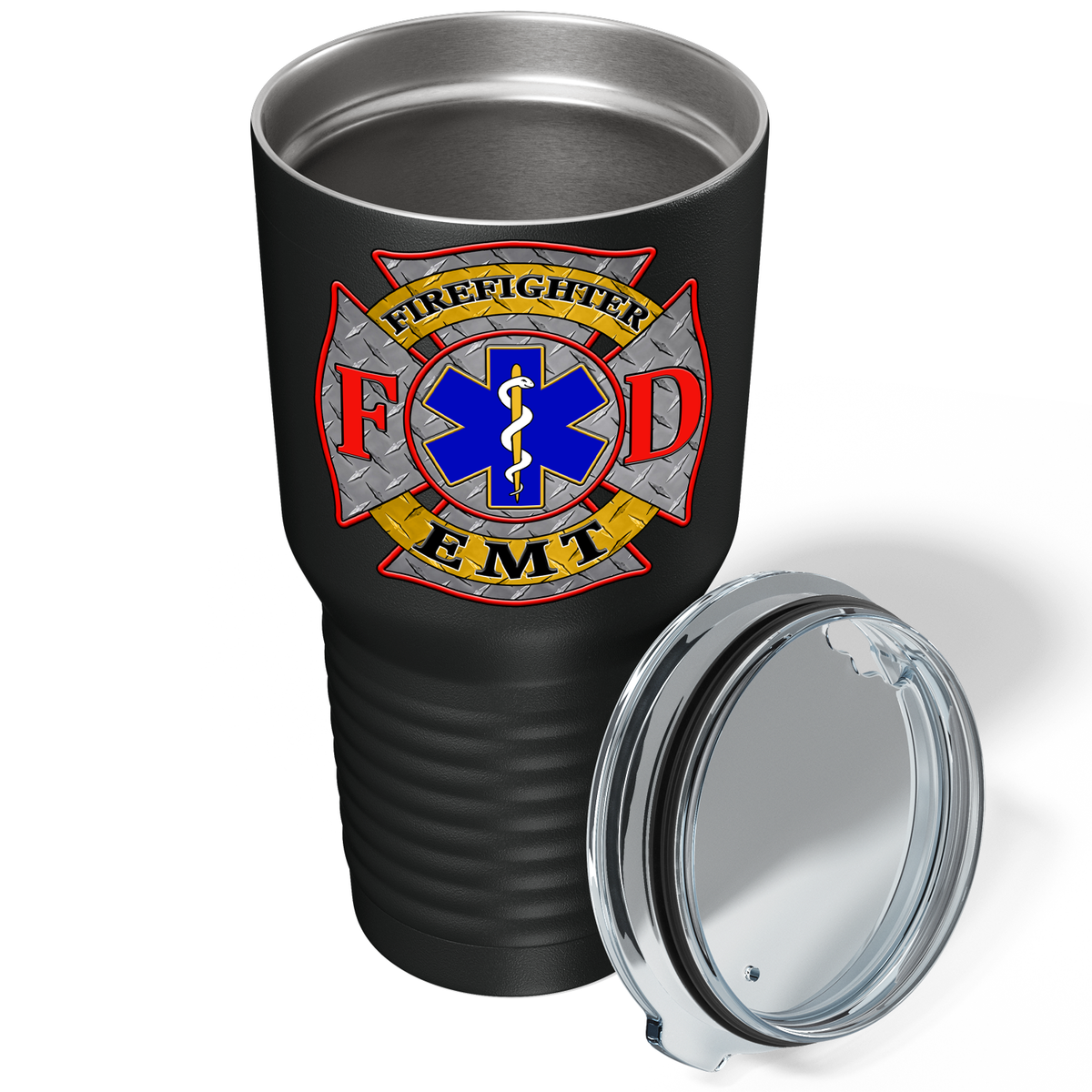 EMT Firefighter FD Badge on 30oz Black Paramedic Tumbler
