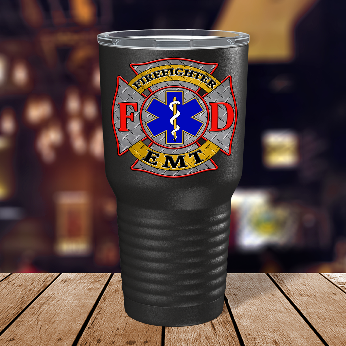 EMT Firefighter FD Badge on 30oz Black Paramedic Tumbler