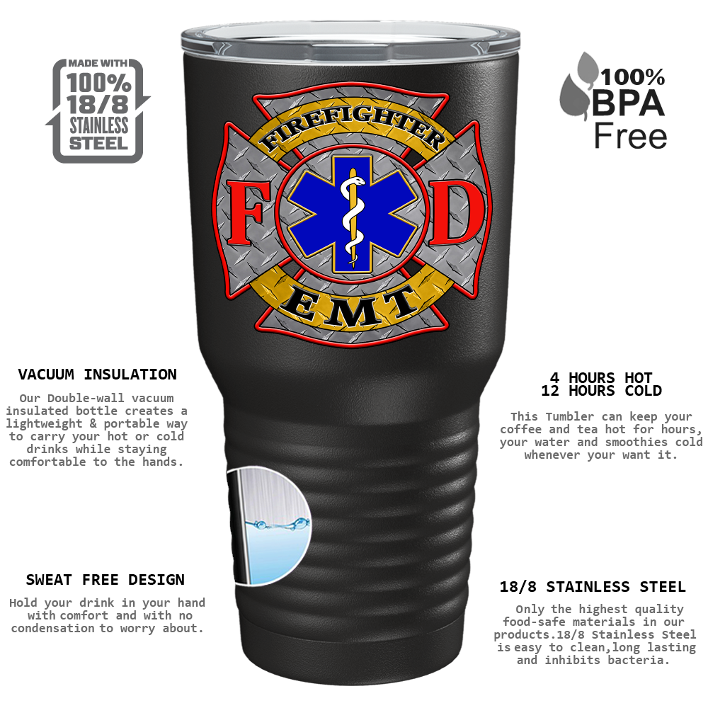 EMT Firefighter FD Badge on 30oz Black Paramedic Tumbler