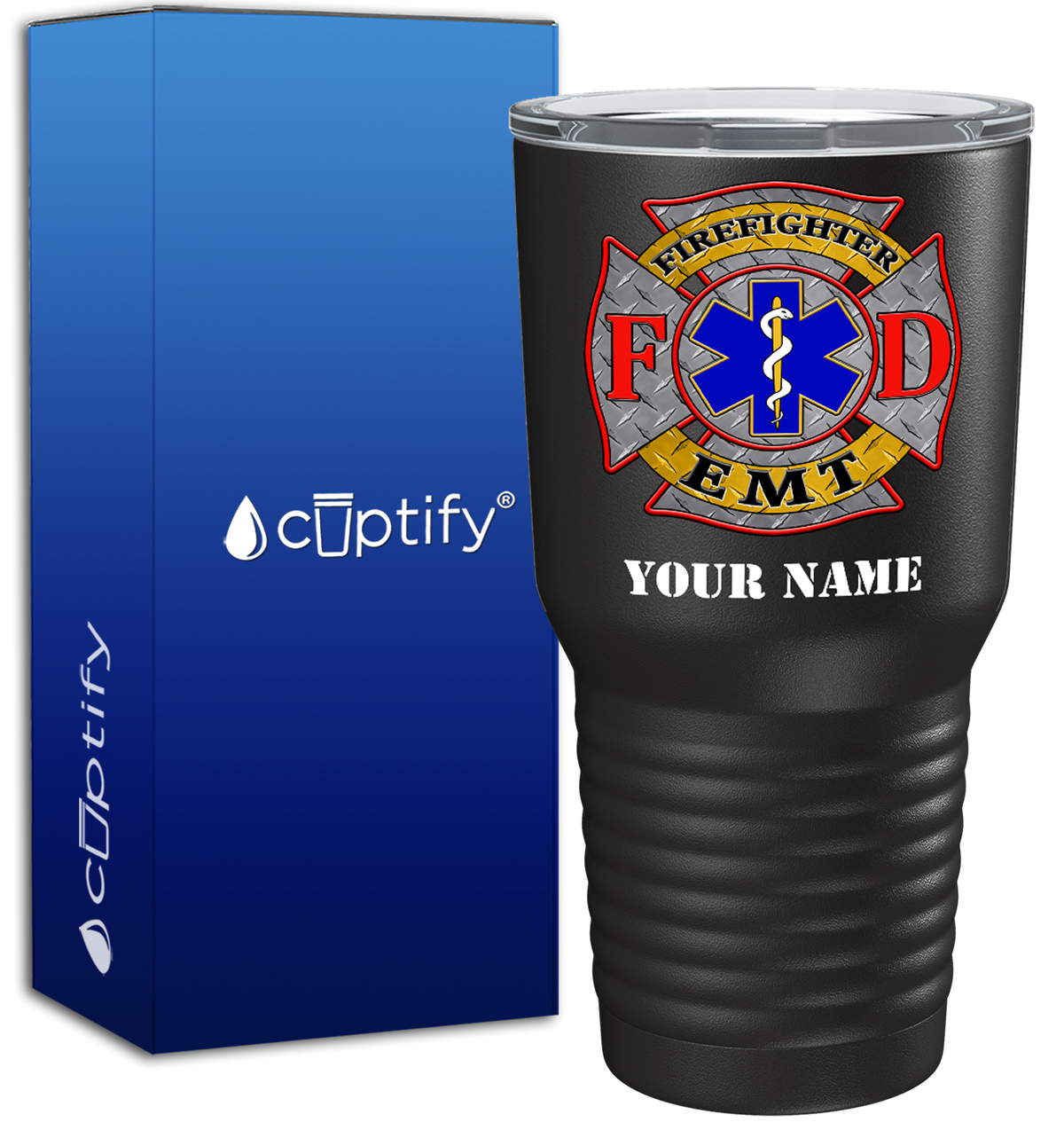 Personalized EMT Firefighter FD Badge on 30oz Black Paramedic Tumbler