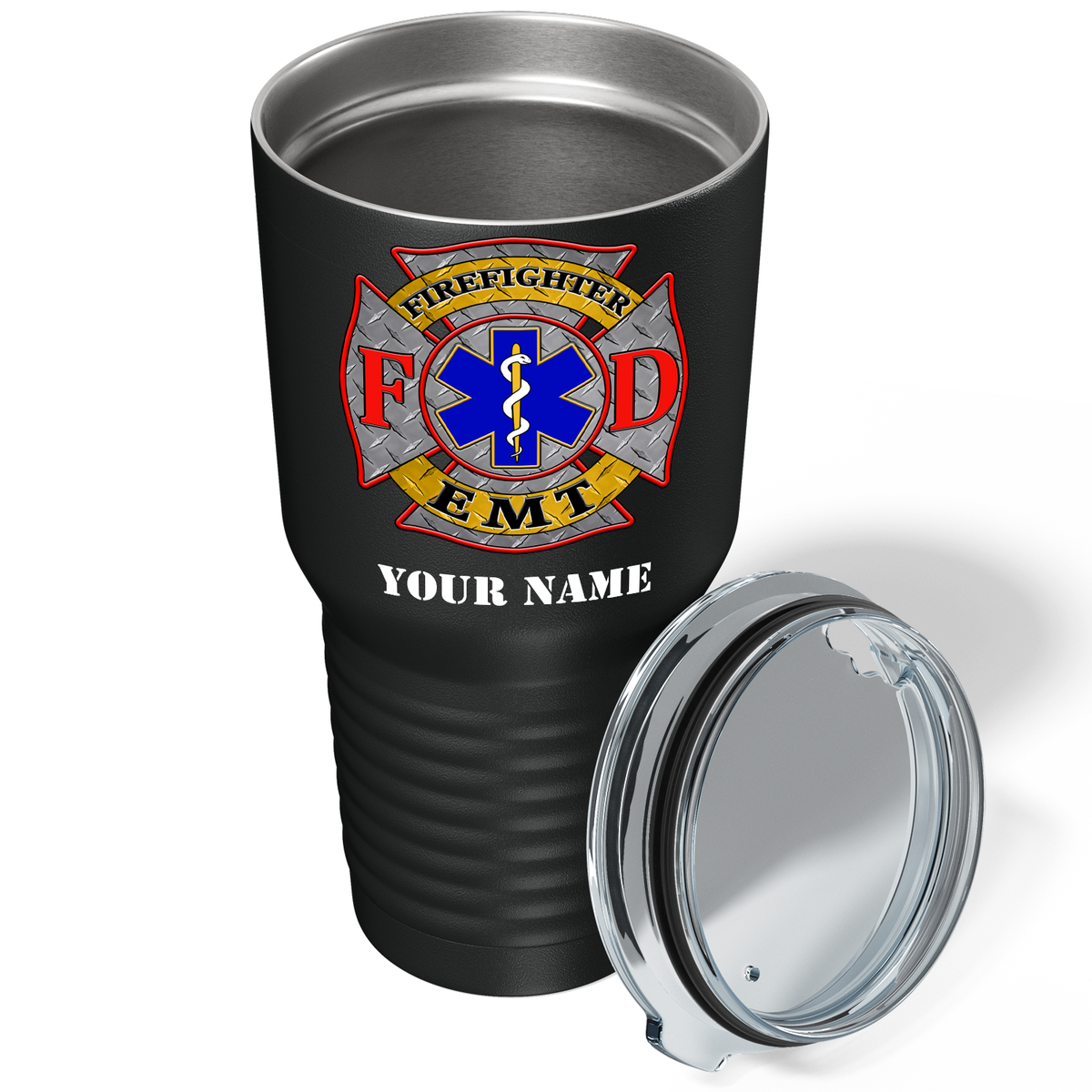 Personalized EMT Firefighter FD Badge on 30oz Black Paramedic Tumbler