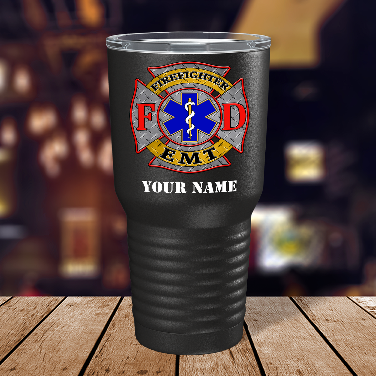 Personalized EMT Firefighter FD Badge on 30oz Black Paramedic Tumbler