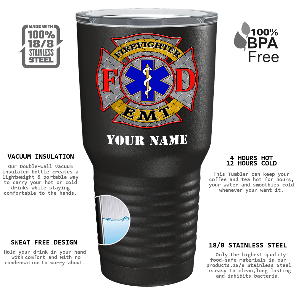 Personalized EMT Firefighter FD Badge on 30oz Black Paramedic Tumbler