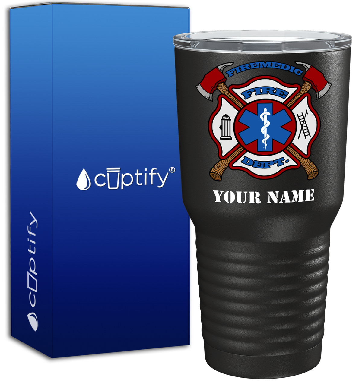 Personalized Firemedic Fire Department Badge on 30oz Black Paramedic Tumbler