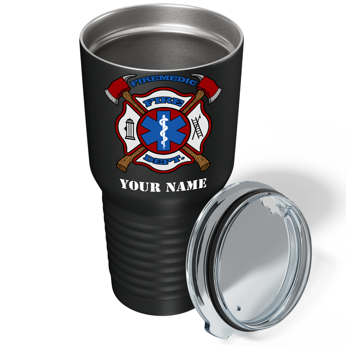 Personalized Firemedic Fire Department Badge on 30oz Black Paramedic Tumbler