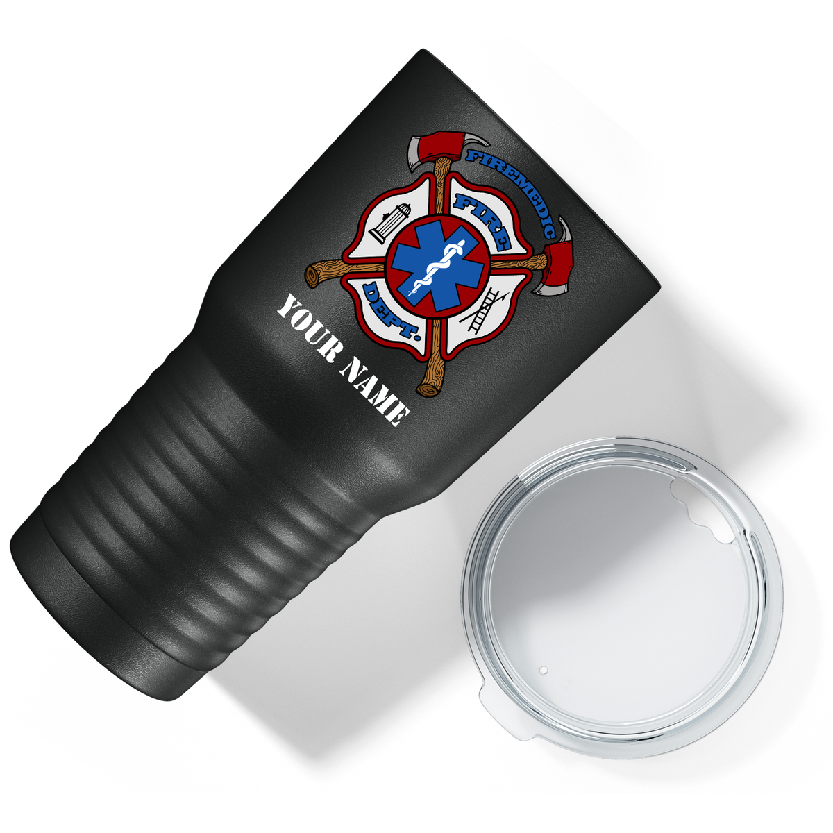 Personalized Firemedic Fire Department Badge on 30oz Black Paramedic Tumbler