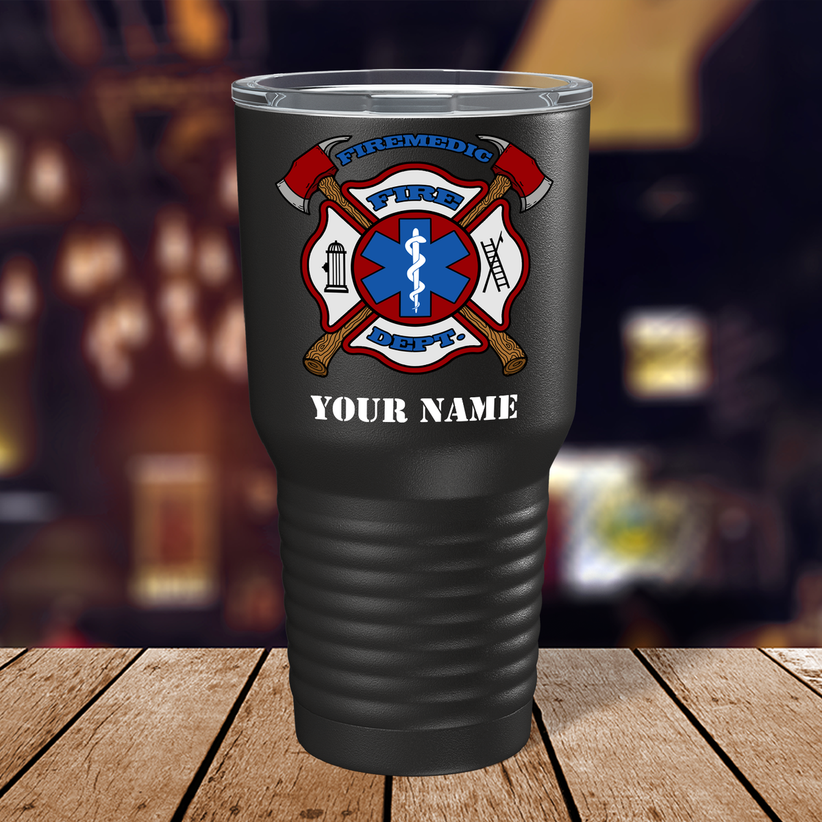 Personalized Firemedic Fire Department Badge on 30oz Black Paramedic Tumbler