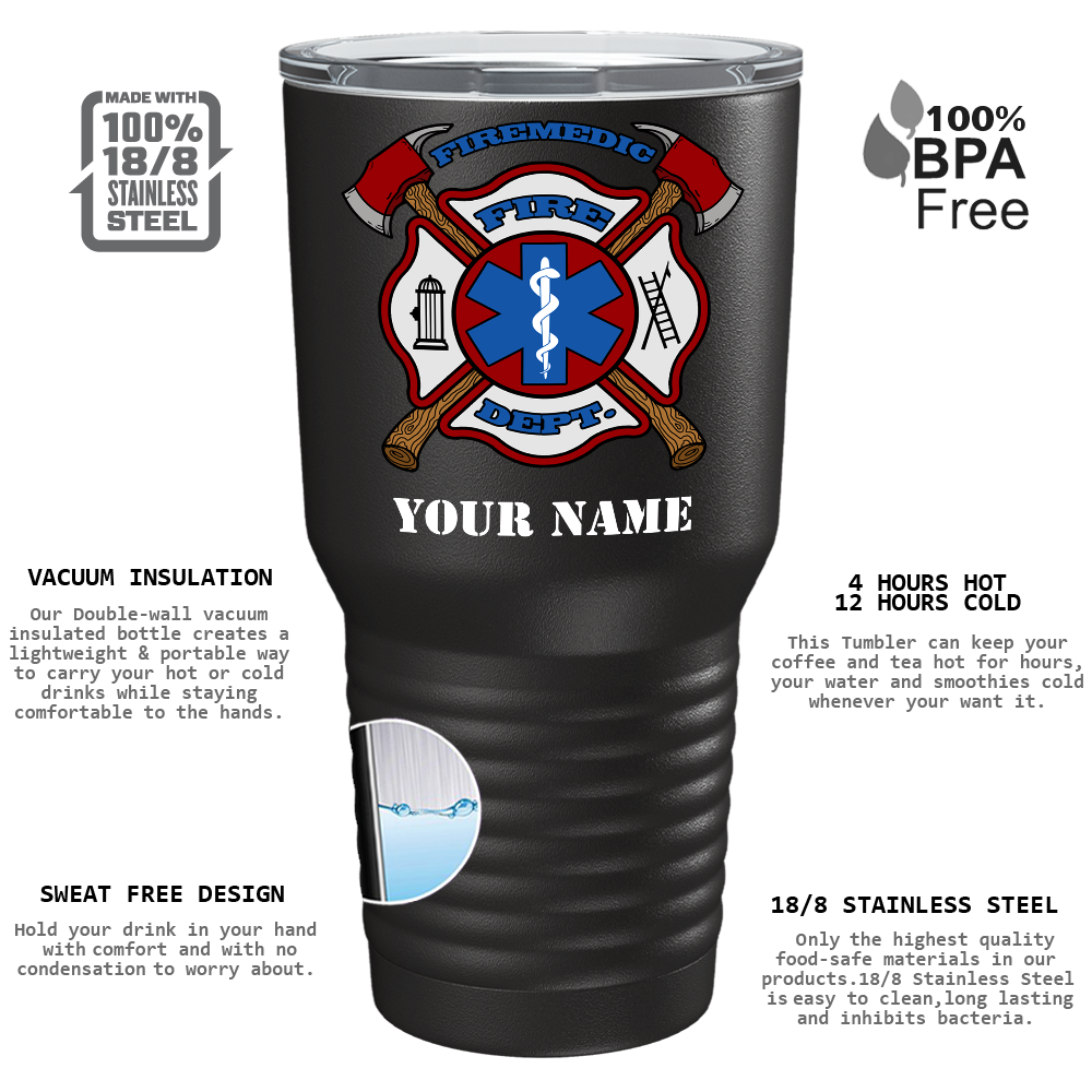 Personalized Firemedic Fire Department Badge on 30oz Black Paramedic Tumbler