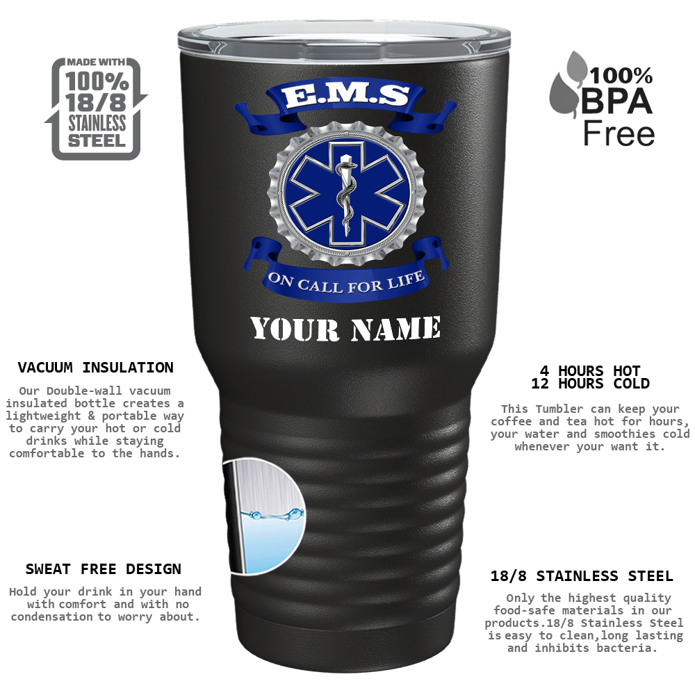 Personalized EMS Blue on Call for LIFE on 30oz Black Paramedic Tumbler