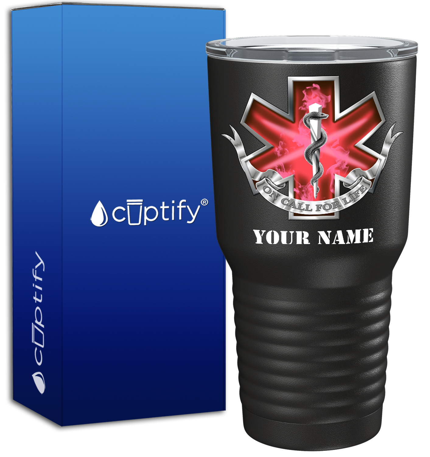 Personalized EMT EMS On Call for Life Red Badge on 30oz Black Paramedic Tumbler