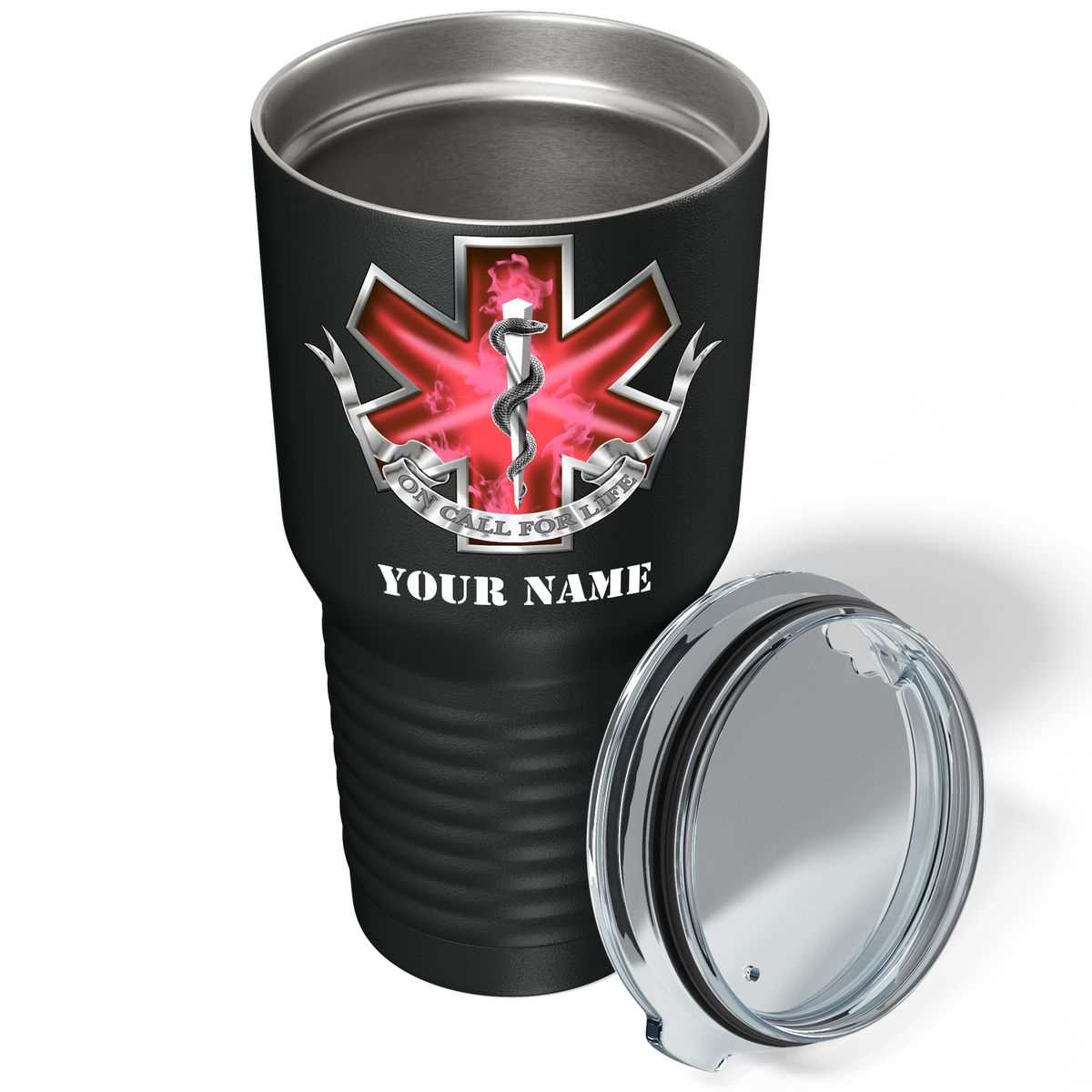 Personalized EMT EMS On Call for Life Red Badge on 30oz Black Paramedic Tumbler