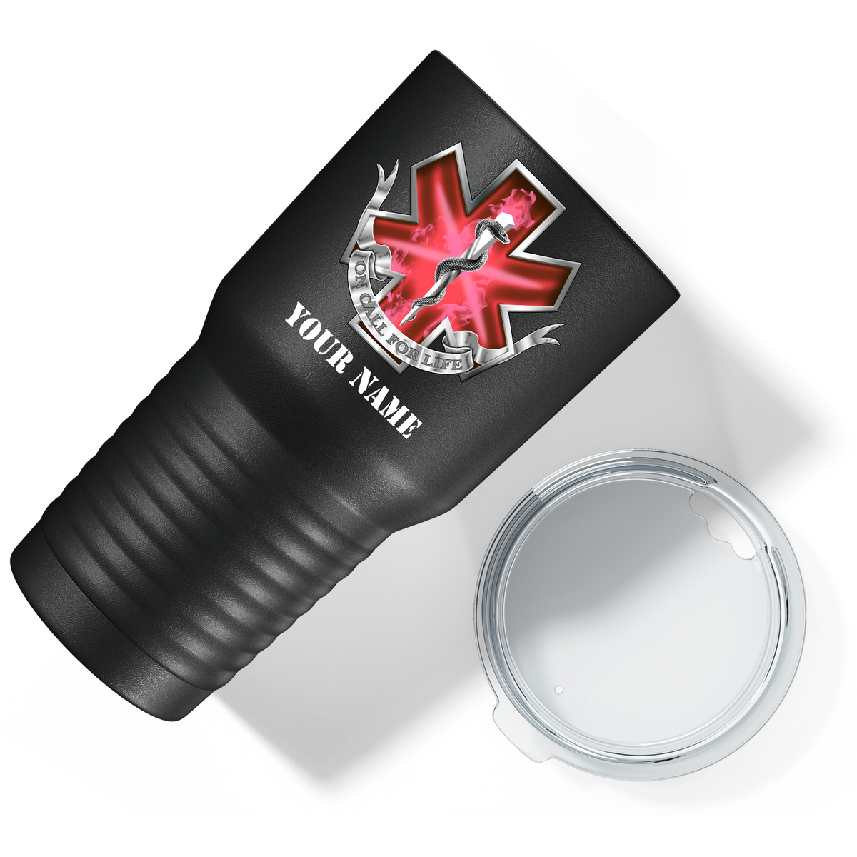 Personalized EMT EMS On Call for Life Red Badge on 30oz Black Paramedic Tumbler