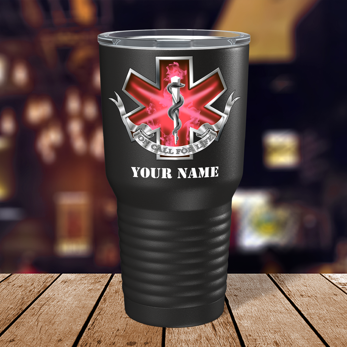 Personalized EMT EMS On Call for Life Red Badge on 30oz Black Paramedic Tumbler
